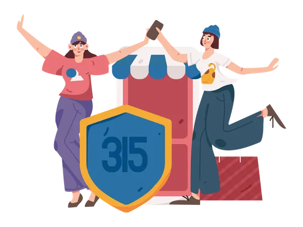 Girls doing secure payment of mobile shopping using 315 security code  Illustration