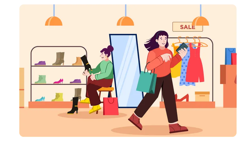 Girls doing shopping in store  Illustration