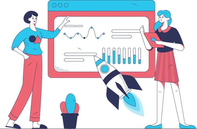 Girls doing startup analysis  Illustration