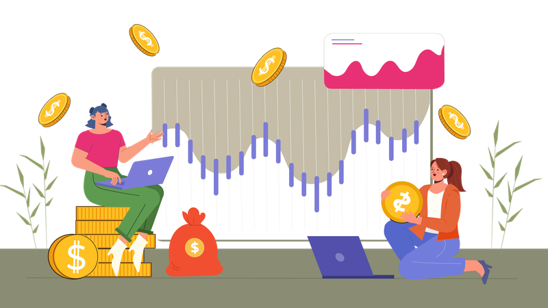 Girls doing stock market analysis  Illustration