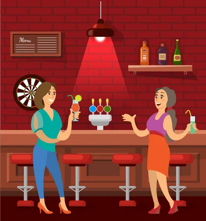 Girls Drinking At Bar Illustration