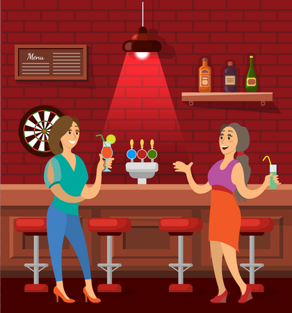 Girls Drinking At Bar  Illustration