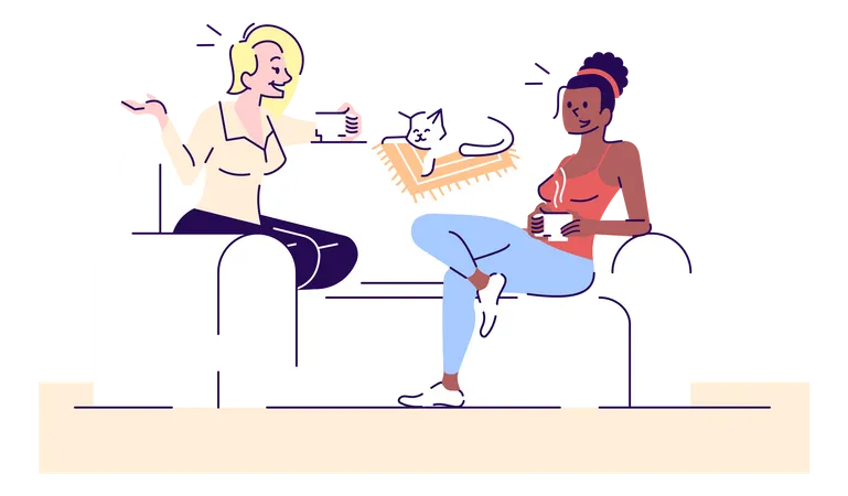 Girls Relax At Home Flat Vector Illustrations Young Women Roommates Sitting On Sofa With Pet Animal Enjoying Hot Drink Gossiping Cartoon Characters With Outline Elements On Green Background Illustration