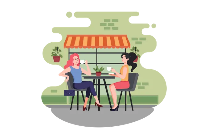 Girls drinking coffee in cafe Illustration