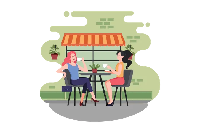 Girls drinking coffee in cafe  Illustration