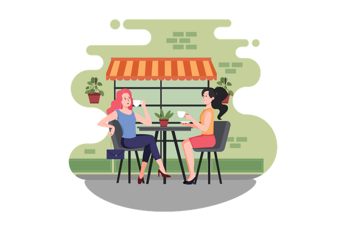 Girls drinking coffee in cafe  Illustration