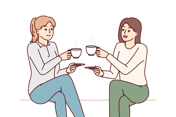 Girls drinking coffee together  イラスト