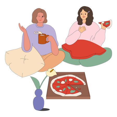 Girls eating pizza Illustration