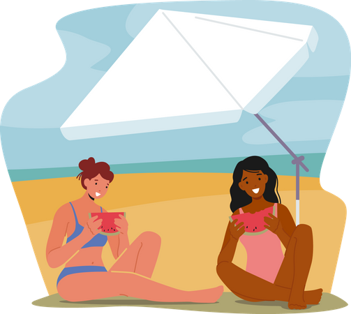 Girls eating watermelon at seaside resort  Illustration