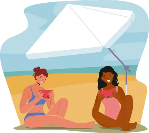 Girl Characters Relax On Seaside Resort Young Women Eating Watermelon And Lounge Under Umbrella Hiding From Sun Rays Tourist Relaxing On Sea Beach At Summer Vacation Cartoon Vector Illustration Illustration