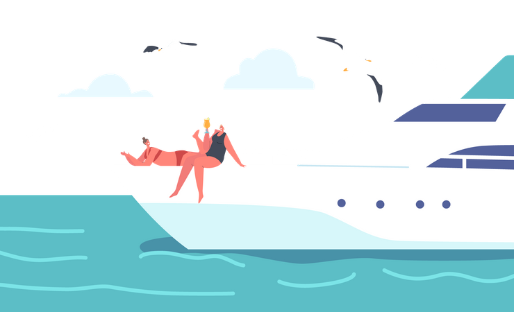 Girls enjoying drinks while sitting on yacht Illustration