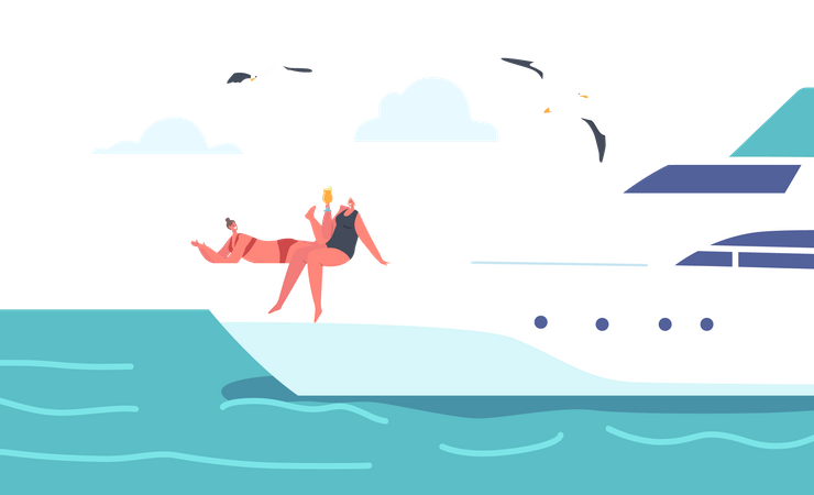 Girls enjoying drinks while sitting on yacht  Illustration