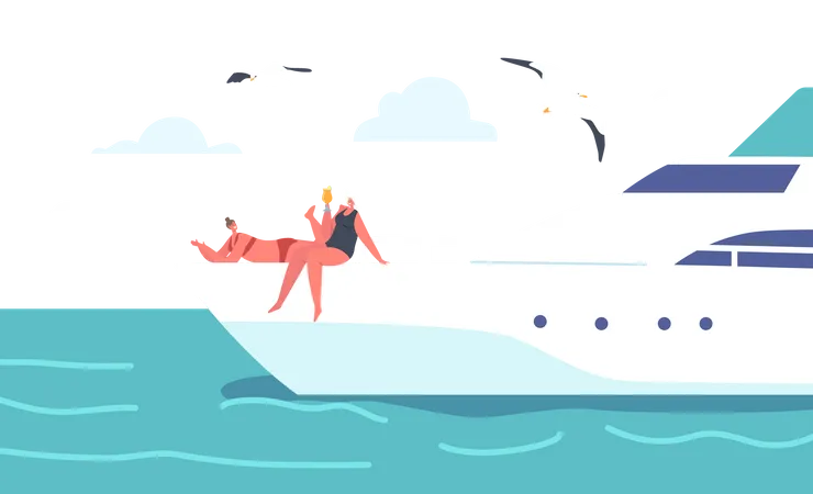 Girls enjoying drinks while sitting on yacht  Illustration