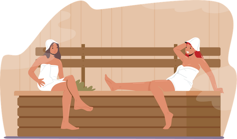 Girls enjoying spa sauna Illustration