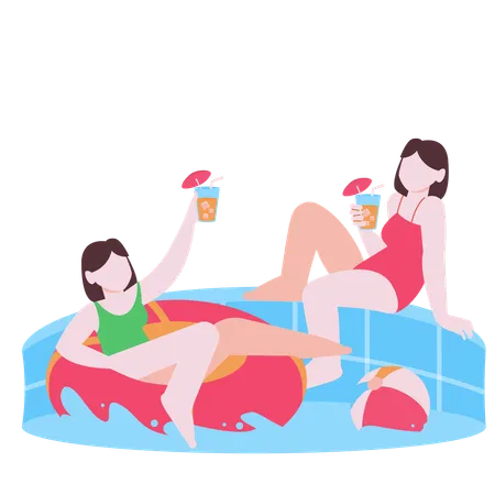Girls enjoying summer drink in swimming pool  Illustration