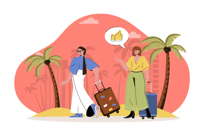 Summer Vacation Web Character Concept Women With Suitcases Went On Trip Summer Trip To Seaside Tropical Resort Together Isolated Scene With Persons Vector Illustration With People In Flat Design Illustration