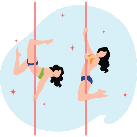 Girls Are Exercising With Poles イラスト