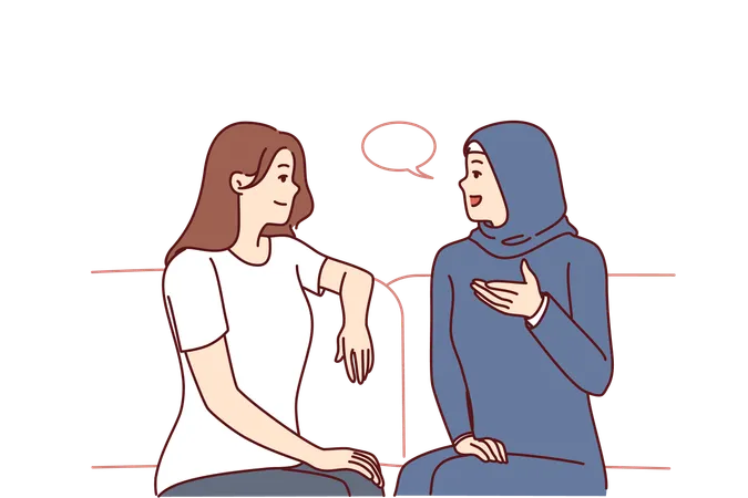 Girls From Different Ethnicities Are Talking Sitting On Couch Demonstrating Tolerance And Lack Of Cultural Prejudice Woman In Muslim Clothes Is Talking To Girlfriend Of European Appearance Illustration