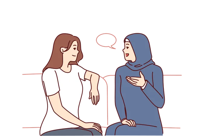 Girls from different religion are talking sitting on couch  Illustration