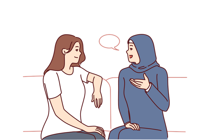 Girls from different religion are talking sitting on couch  Illustration