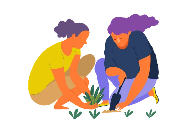 People Summer Gardening Flat Vector Concept Illustration Of Two Young Women Sitting On The Ground In The Squatting Position Planting A Plant Into The Soil With A Scoop Self Sufficiency Concept Illustration