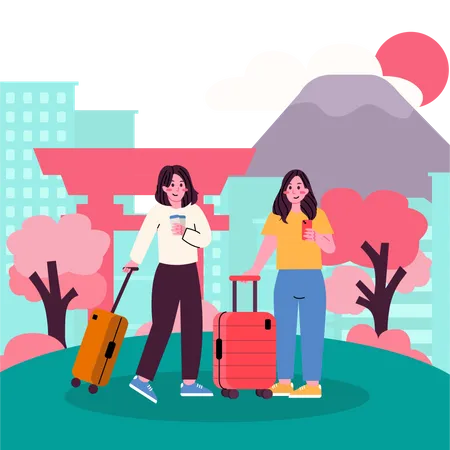 Girls going for Holiday in Tokyo City  Illustration
