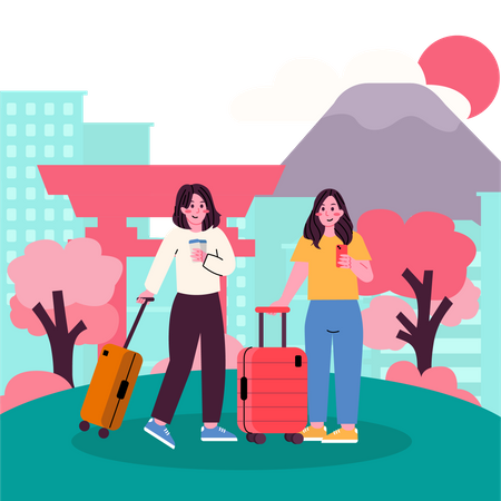 Girls going for Holiday in Tokyo City  Illustration