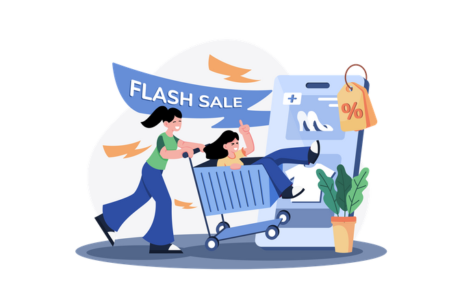 Girls going to flash sale in shop  Illustration
