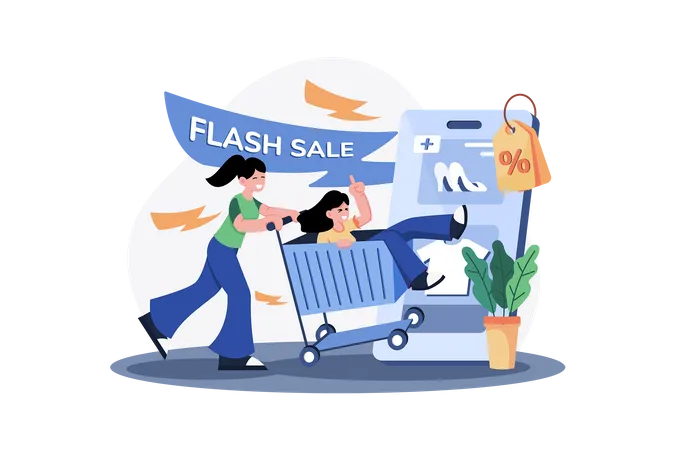 Girls going to flash sale in shop  Illustration