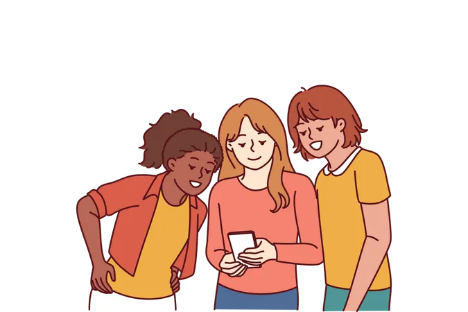 Girls group watching something in mobile  Illustration