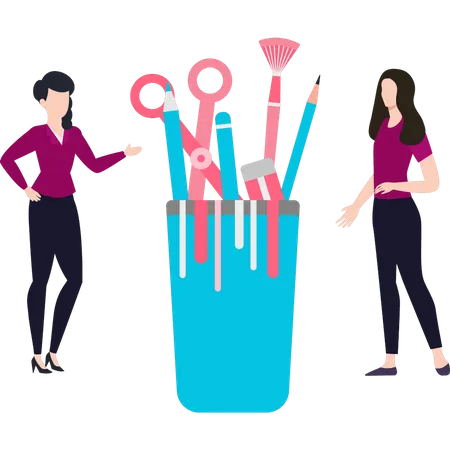 Girls have craft tools and stationery  Illustration