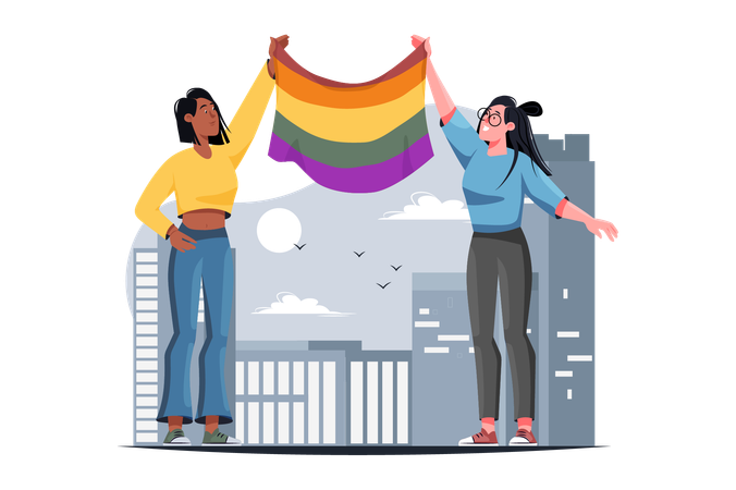 Girls hold LGBT flag because they support this culture  Illustration