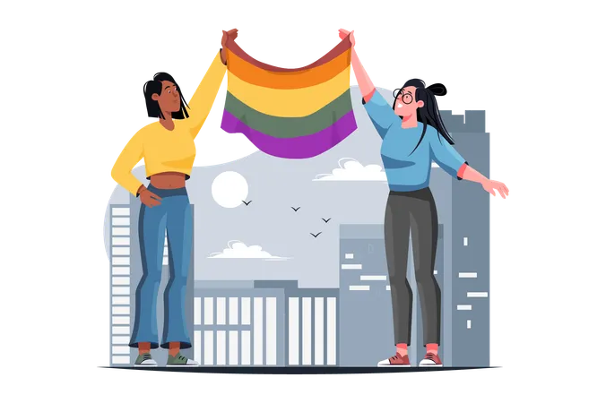 LGBT Yellow Concept With People Scene In The Flat Cartoon Style Two Illustration