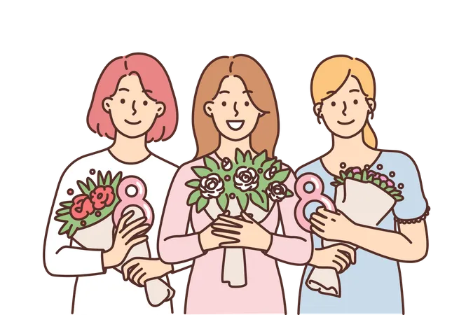 Girls holding flower bouquet  Illustration