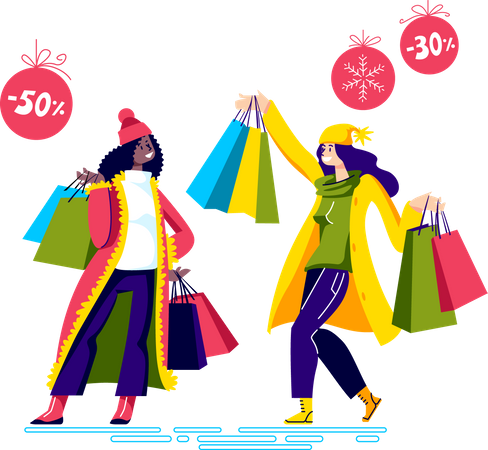 Girls holding shopping bags after sale shopping Illustration