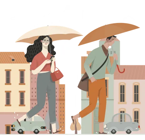 Girls holding umbrella in rain Illustration