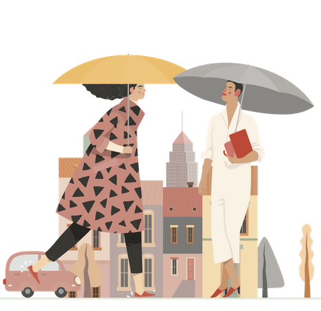 Girls holding umbrella in rain Illustration