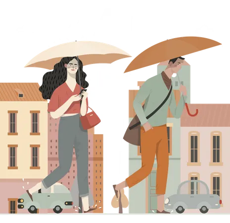 Girls holding umbrella in rain  Illustration