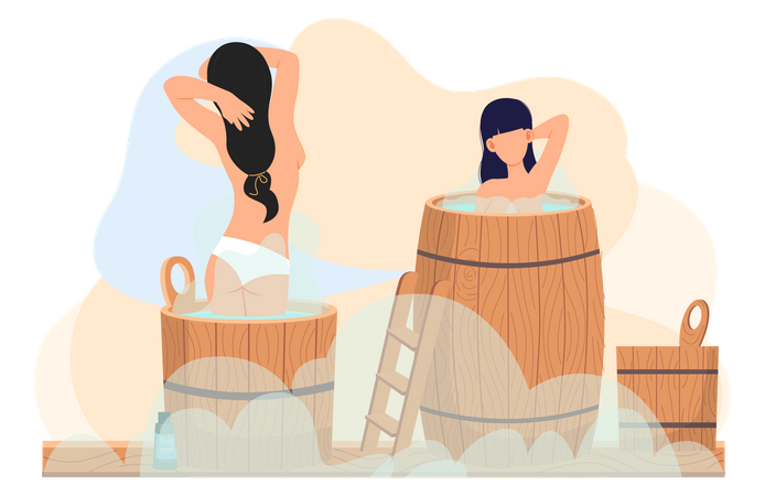 Girls in barrels are resting in sauna in hot steam  Illustration