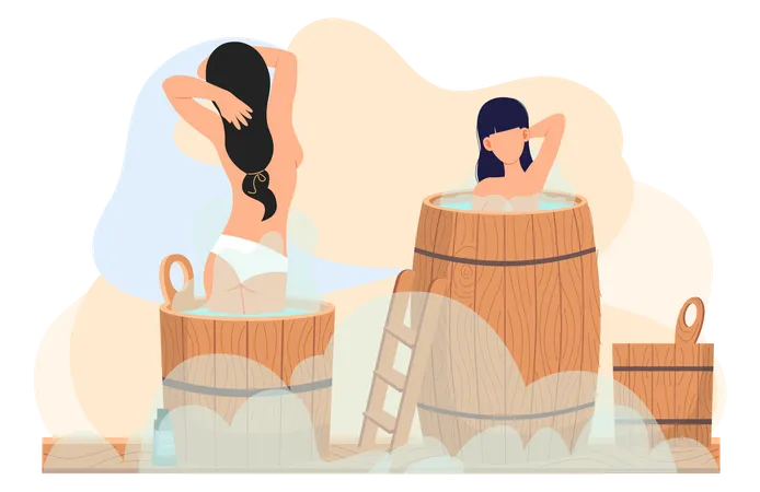 Girls in barrels are resting in sauna in hot steam  Illustration