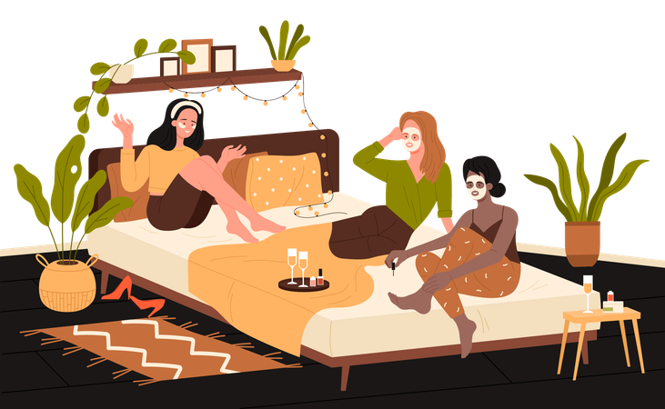 Girls in pajamas rest on sleepover together  Illustration