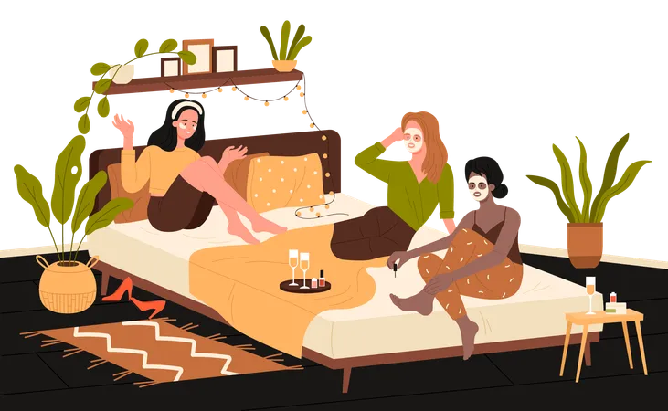 Women Friends Relax In Bed On Hen Party Vector Illustration Cartoon Girls In Pajamas Rest On Sleepover Young Three Female Characters Gossip And Drink Wine Together Make Beauty Masks And Skin Care Illustration