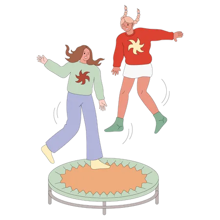 Girls jumping on trampoline  Illustration