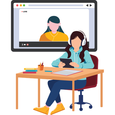 Girls learning online via video tutorial  Illustration