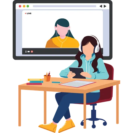 Girls learning online via video tutorial  Illustration