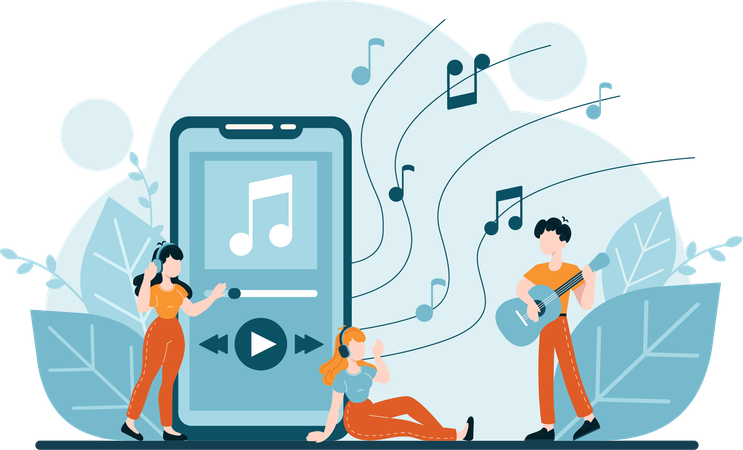 Girls listening music on mobile  Illustration