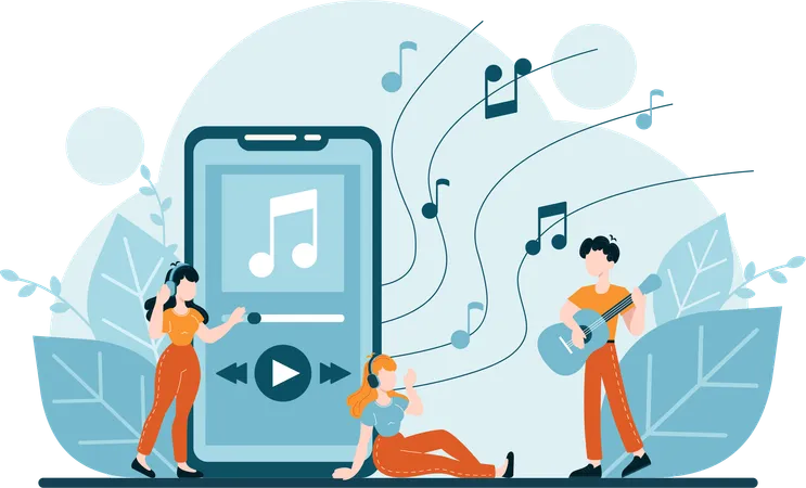 Girls listening music on mobile  Illustration