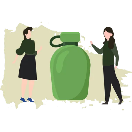 Girls Look At Military Water Bottle Illustration