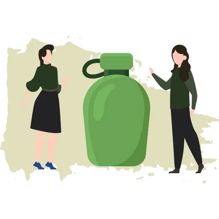 Girls Look At Military Water Bottle  Illustration