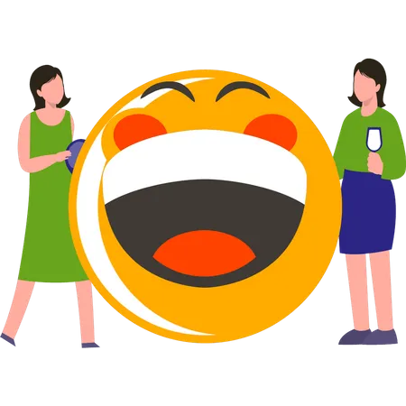 Girls looking at laughing emoji  Illustration